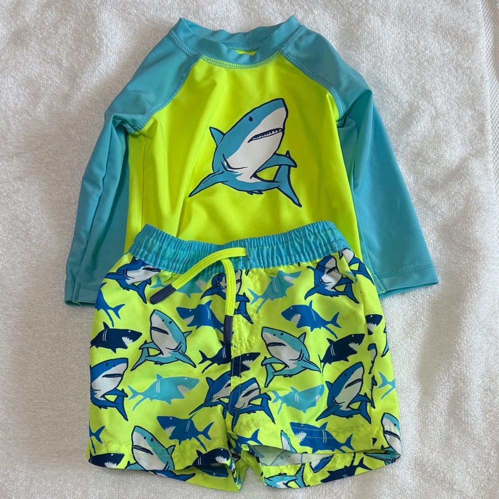 NWOT. Wave Zone! Size 6-9 months. Shark Print Kids Swim Set - Blue and Yellow
